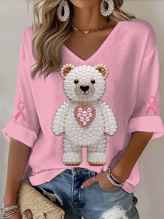 Women's Vintage Love Bear Pearl Breast Cancer Waffle T-shirt