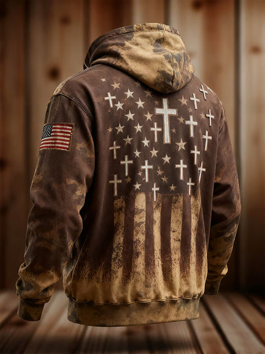 Men's Faith  Cross American Flag Print Oversized Drop-Shoulder Hoodie with Pockets