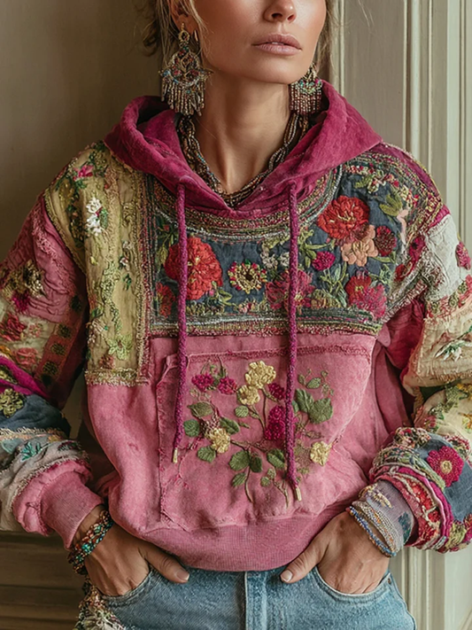 Women's botanical floral print Drawstring Hoodie