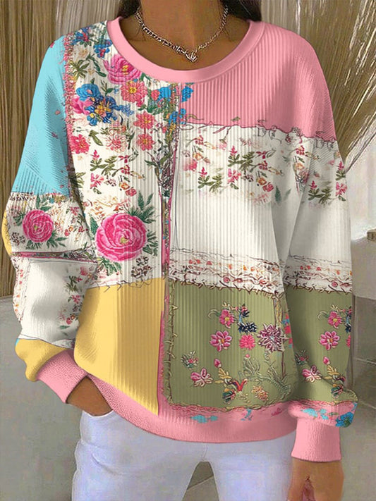 Women's Women's Breast Cancer Flowers Print Ribbed Round-Neck Sweatshirt