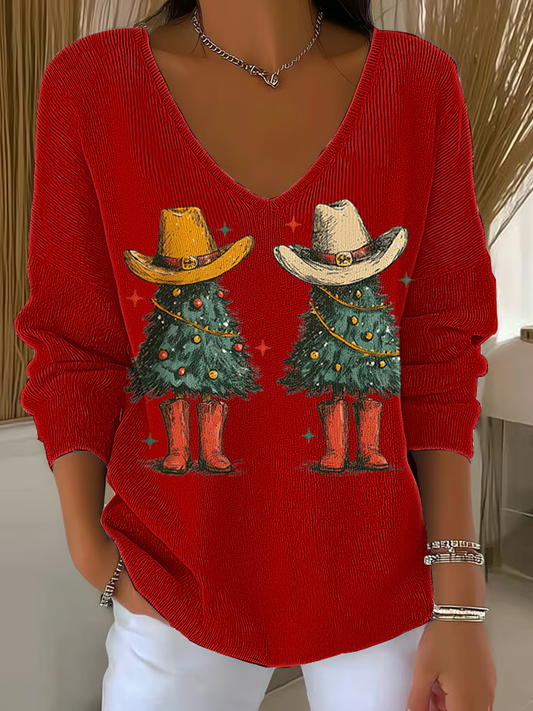 Women's  Christmas tree Print  V-Neck Ribbed Top