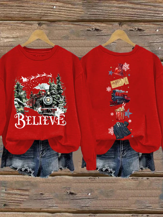 Women's Retro Christmas Believe Print Sweatshirt