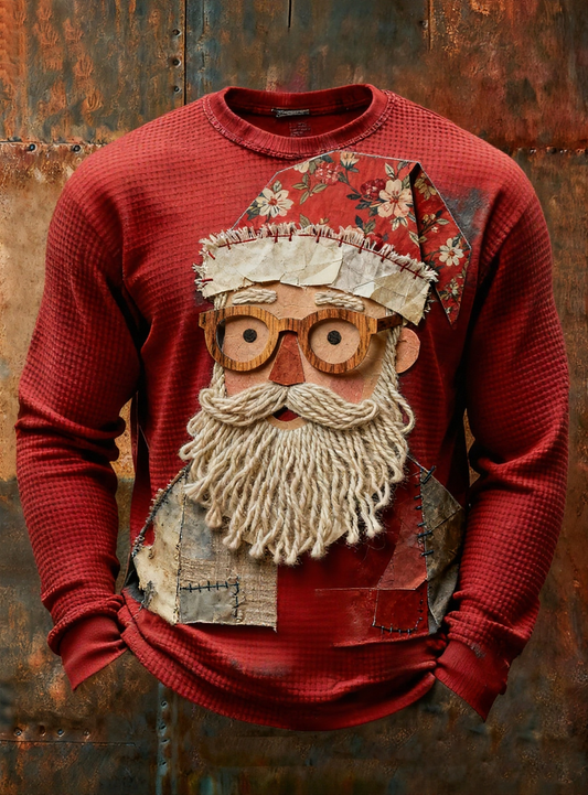 Men's Retro Santa Claus Print Waffle Long Sleeve T-Shirt