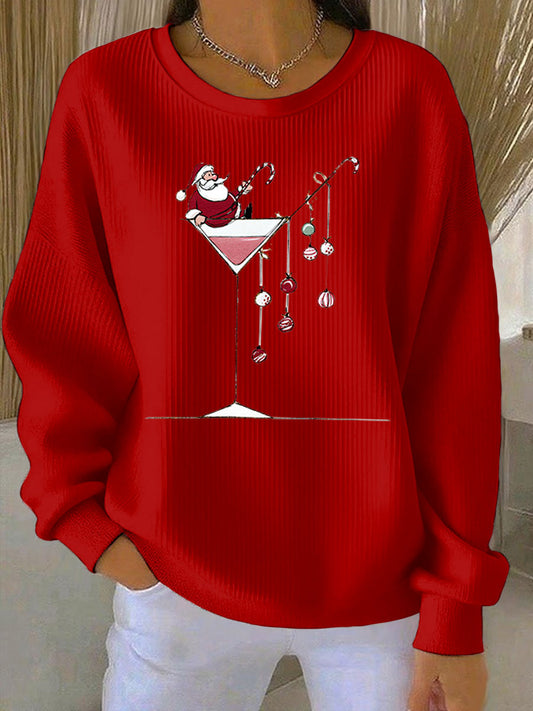 Women's Santa Claus Print Ribbed Round-Neck Sweatshirt