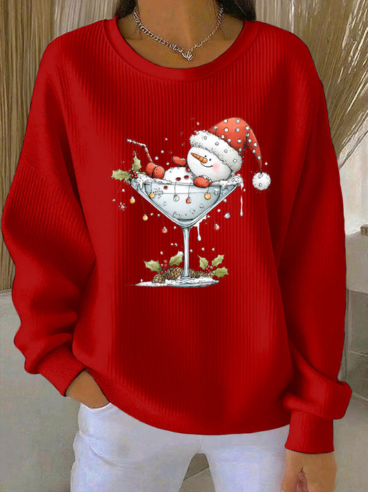 Women's Christmas snowman print Ribbed Round-Neck Sweatshirt