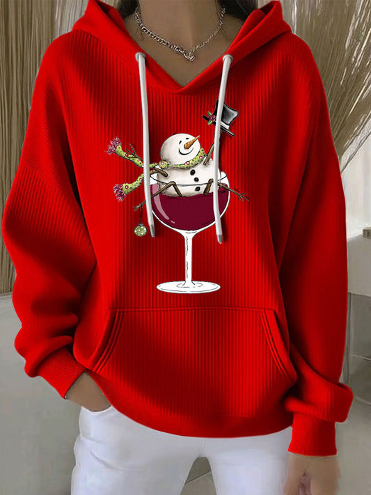 Women's Snowman Wine Glass Print Casual Hoodie