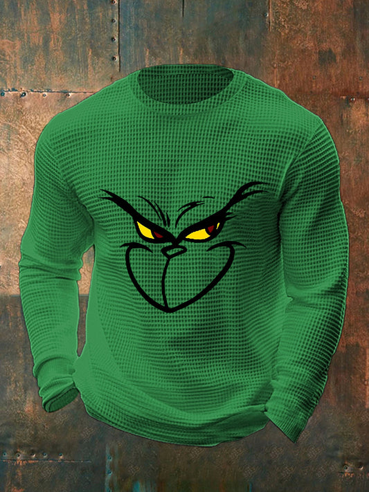 Men's Funny Classic Christmas Cartoon Character Print Casual Waffle Long Sleeve Top