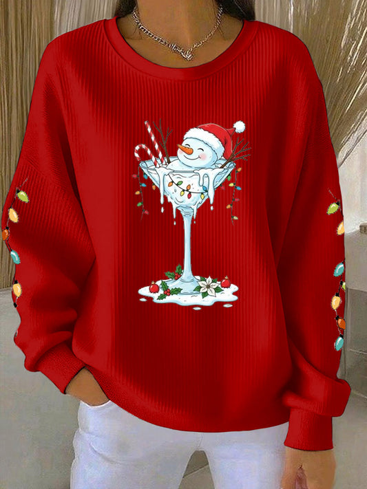 Women's Christmas snowman print Ribbed Round-Neck Sweatshirt