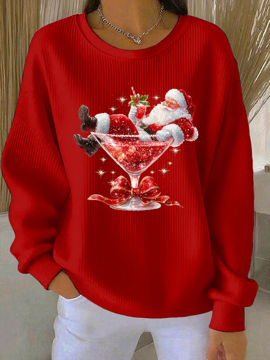 Women's Santa Claus Print Ribbed Round-Neck Sweatshirt