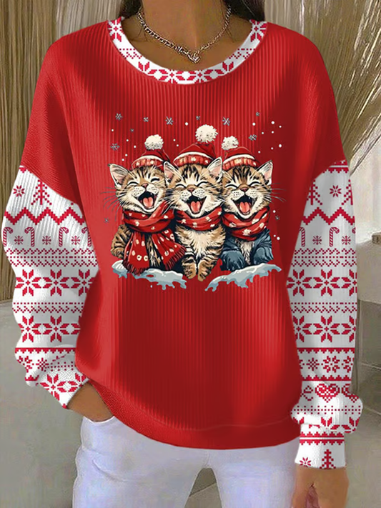 Women's Christmas cat print Ribbed Round-Neck Sweatshirt