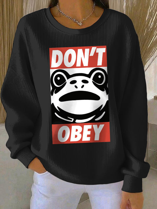 Women's Polish Frog Print Ribbed Round-Neck Sweatshirt