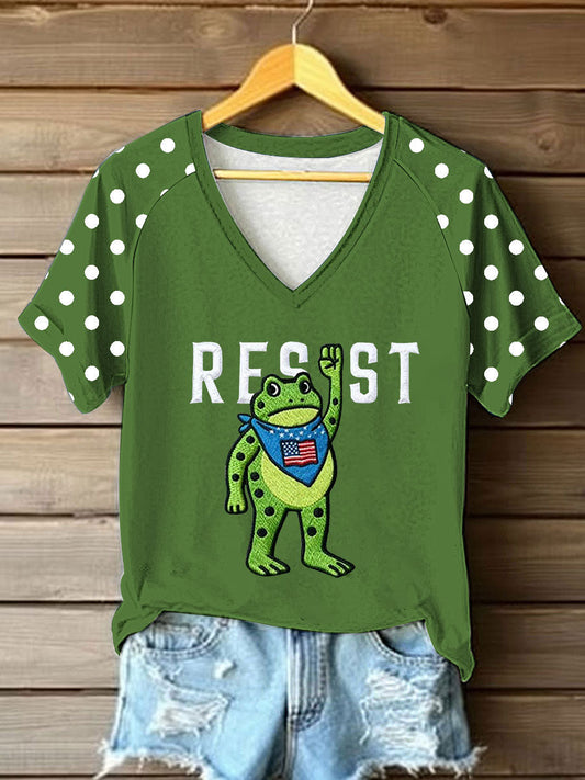Women's Portland Frog Resist V-neck Off-shoulder Short-sleeved T-shirt