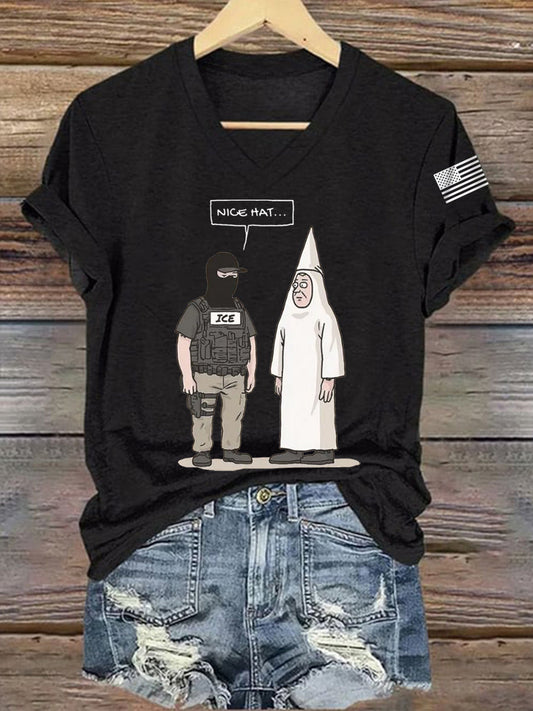 Women's Funny Abolish ICE Nice Hat V-Neck Tee