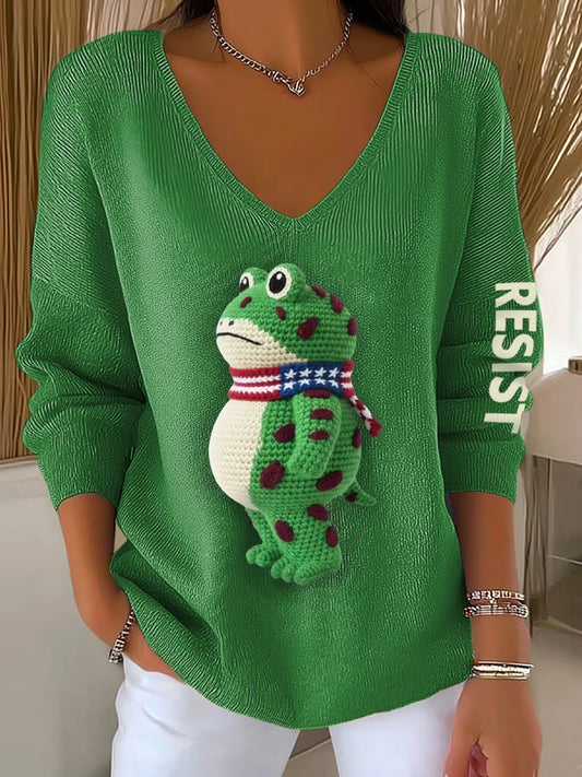 Women's Portland Frog Crochet Art V-Neck Ribbed Top