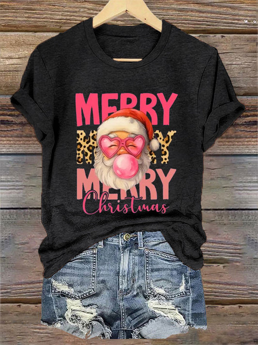 Women's Merry Christmas Santa Claus Print Casual Tee