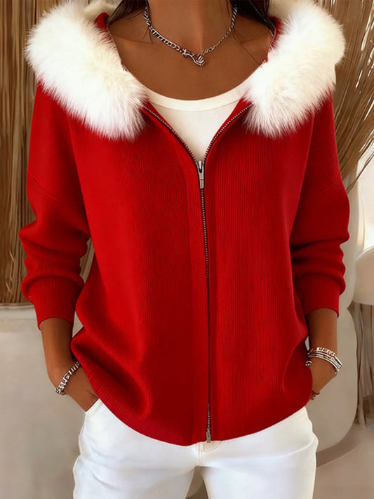 Women's Christmas Inspired Cozy Furry Hooded Cardigan