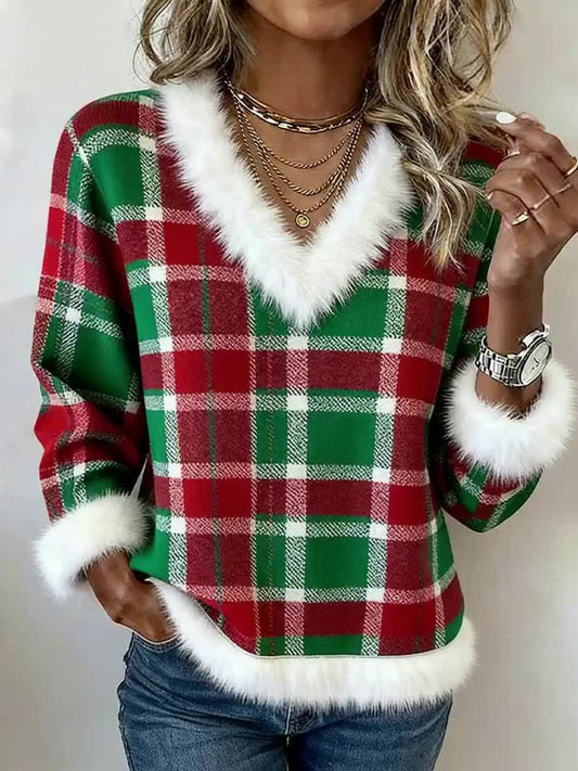 Women's Christmas Inspired Plaid Pattern Furry Top
