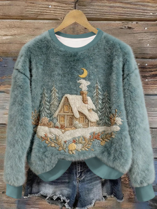 Women's Christmas Snow Scene Plush Casual Top