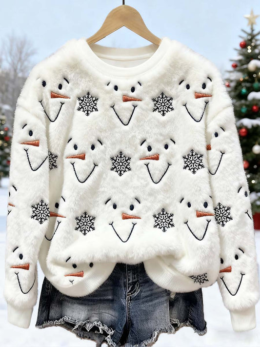 Women's Christmas Snowman Embroidered Furry Sweatshirt