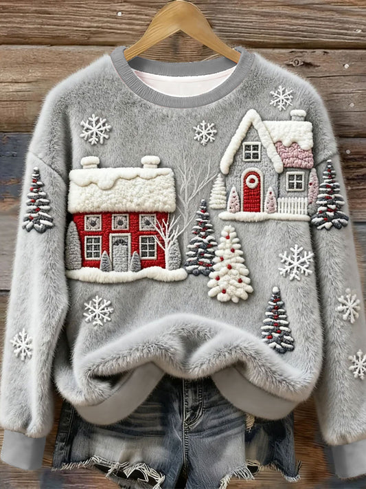 Women's Christmas Christmas House Art Christmas Tree Art Flannel Sweatshirt