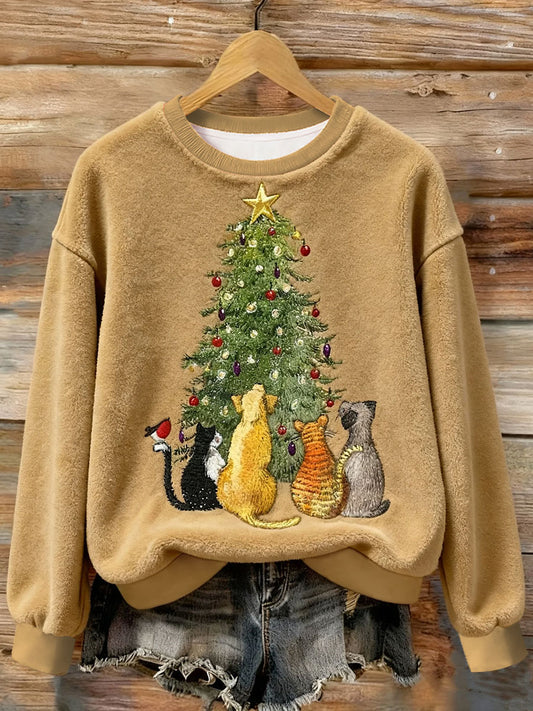 Women's Christmas Cat  Art Flannel Sweatshirt