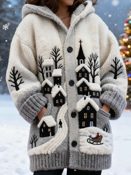 Women's Christmas House Scenery Embroidered Cozy Knit Hooded Cardigan