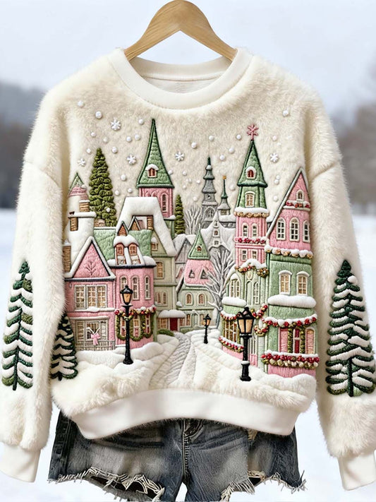 Women's Christmas Inspired House Building Embroidered Furry Sweatshirt