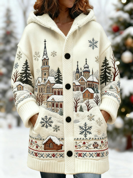 Women's Vintage Christmas Snow Scene Print Casual Hooded Mid-Length Cardigan