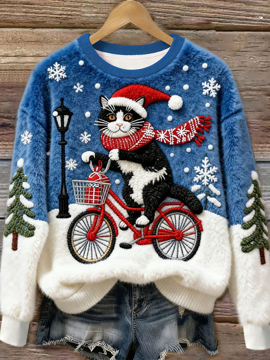 Women's Christmas Cat  Art  Flannel Sweatshirt