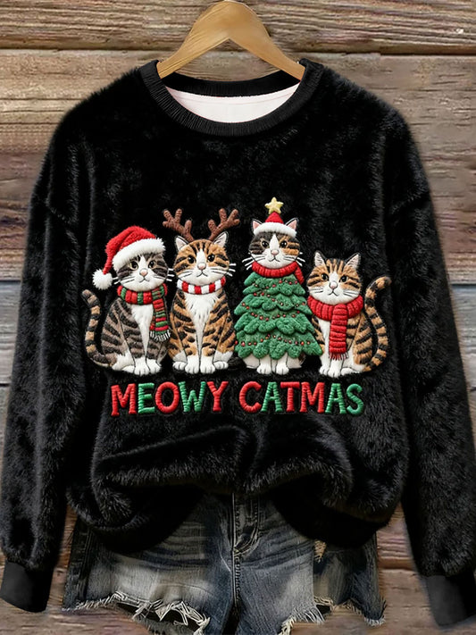Women's Christmas Cat  Art Flannel Sweatshirt