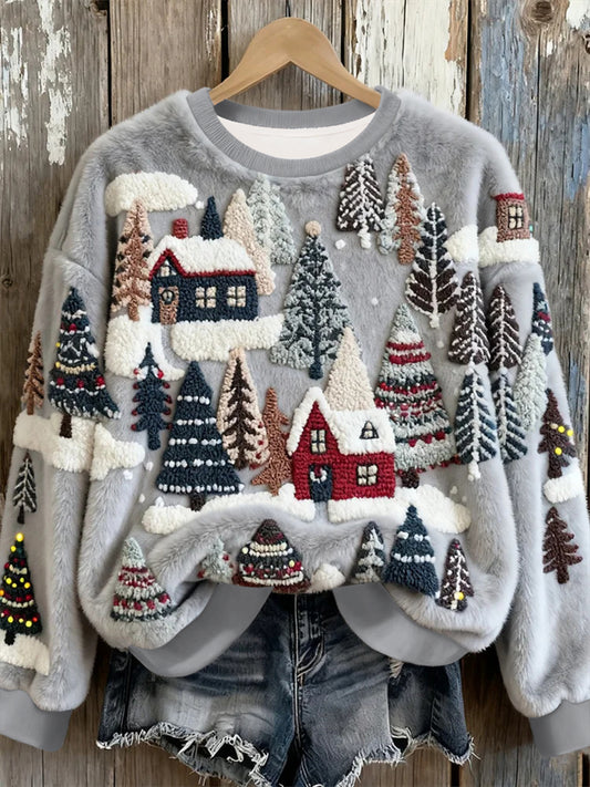 Women's Christmas Snow Scene Plush Casual Top