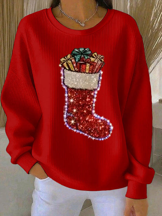 Women's Christmas stockings Print Ribbed Round-Neck Sweatshirt