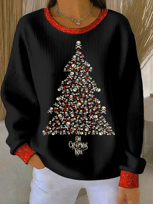 Women's Christmas tree skull print Ribbed Round-Neck Sweatshirt