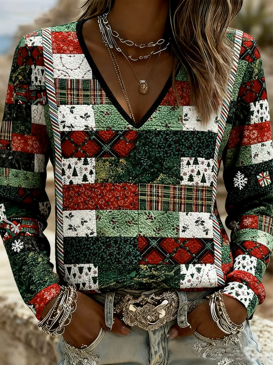 Women's Christmas Tree Patchwork Print V-Neck T-Shirt