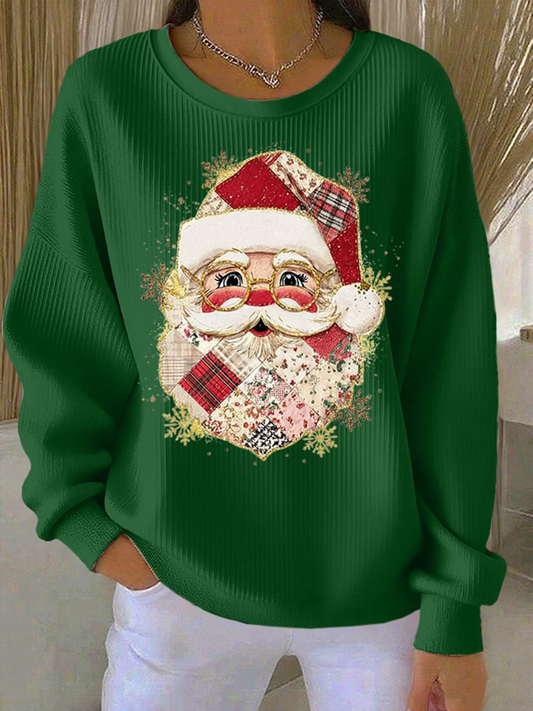Women's Santa Claus Print  Ribbed Round-Neck Sweatshirt
