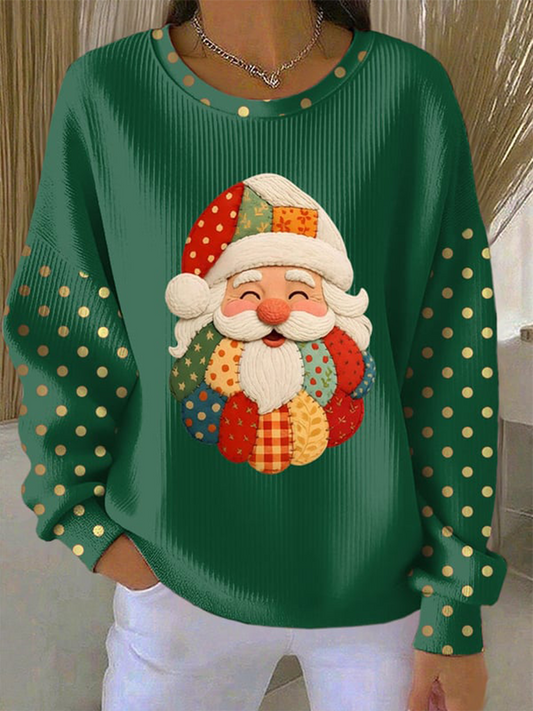 Women's Santa Claus Print Ribbed Round-Neck Sweatshirt