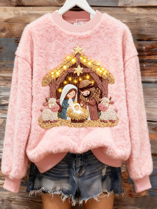 Women's Winter Flannel Nativity Print Crew Neck Top