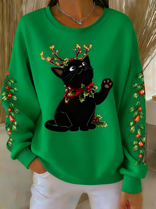 Women's Christmas Black Cat Print Ribbed Round-Neck Sweatshirt