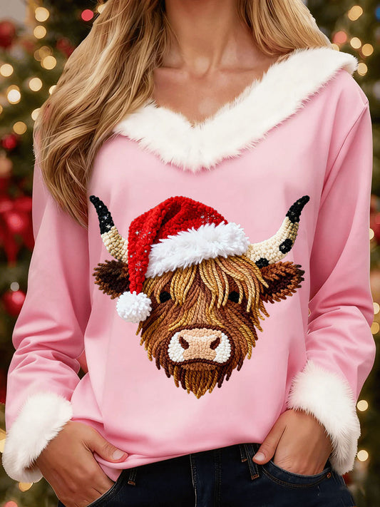 Women's Christmas Hat Highland Cow Hair Collar Sweatshirt