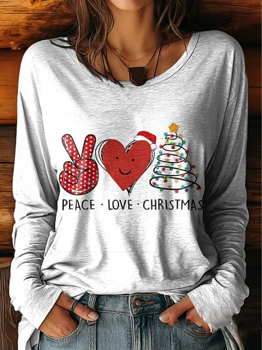 Women's Peace Love Christmas Art Print Casual T-Shirt