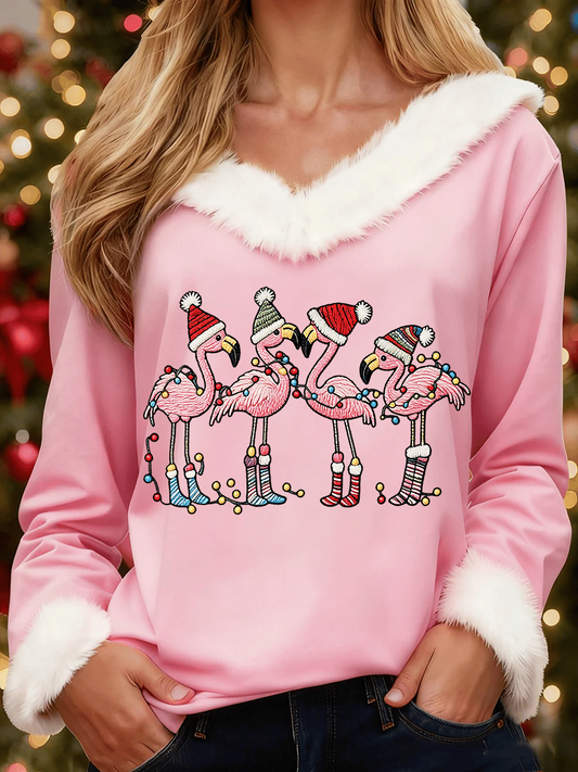 Women's Christmas Flamingo Print Casual Fur Collar Top