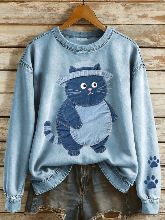 Women's Denim Patchwork Art Fat Cat Pattern Sweatshirt