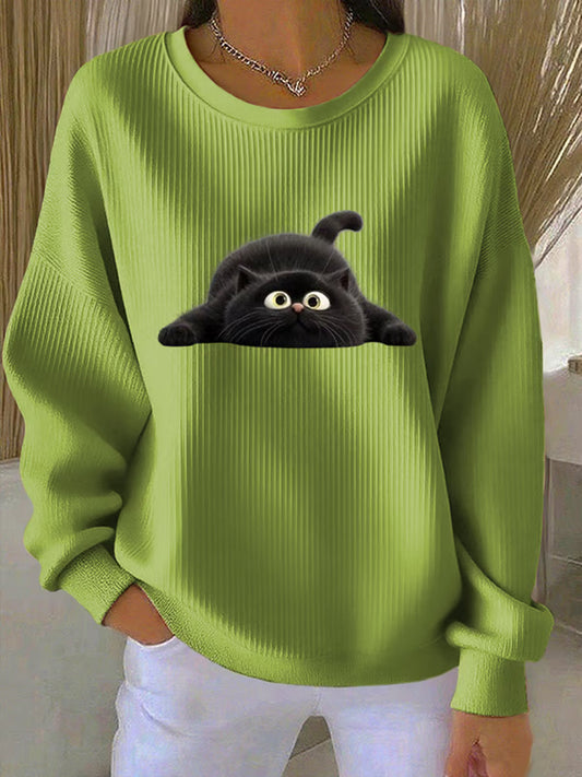 Women's Funny Black Cat Ribbed Round-Neck Sweatshirt