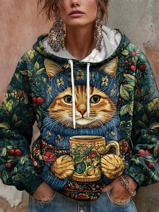 Women's Floral Cat Art Print Hoodie