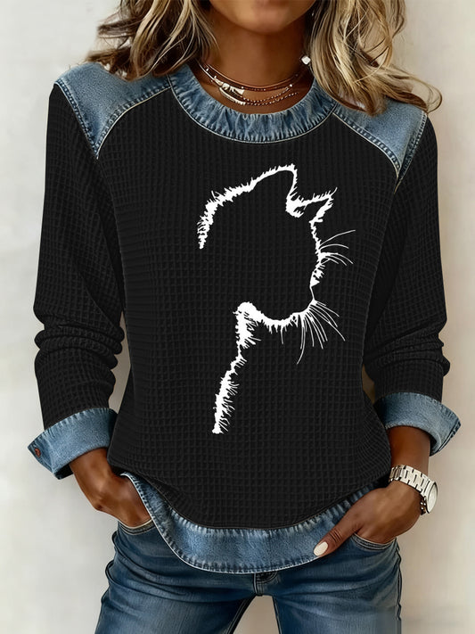 Women's Cute Cat Print Waffle Sweatshirt