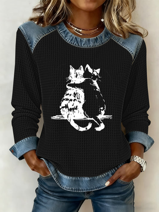 Women's Cute Cat Print Waffle Sweatshirt