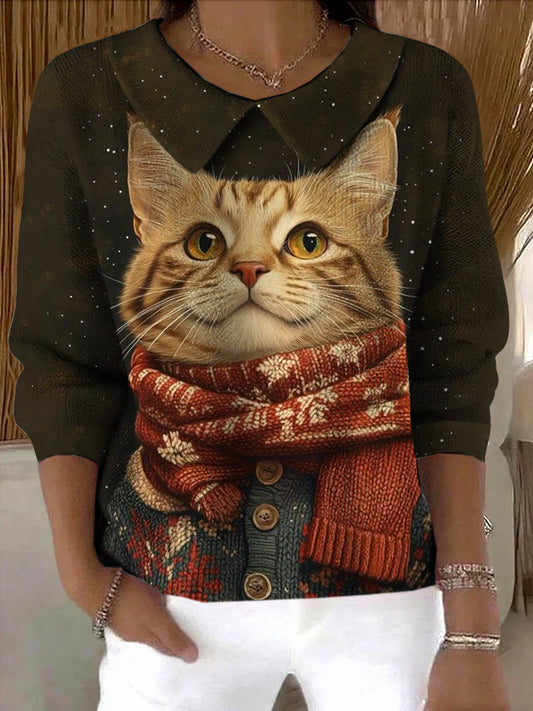Women's Winter Cat Art Print Sweater