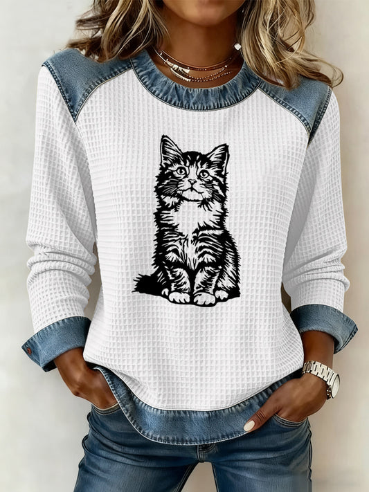 Women's Cute Cat Print Waffle Sweatshirt