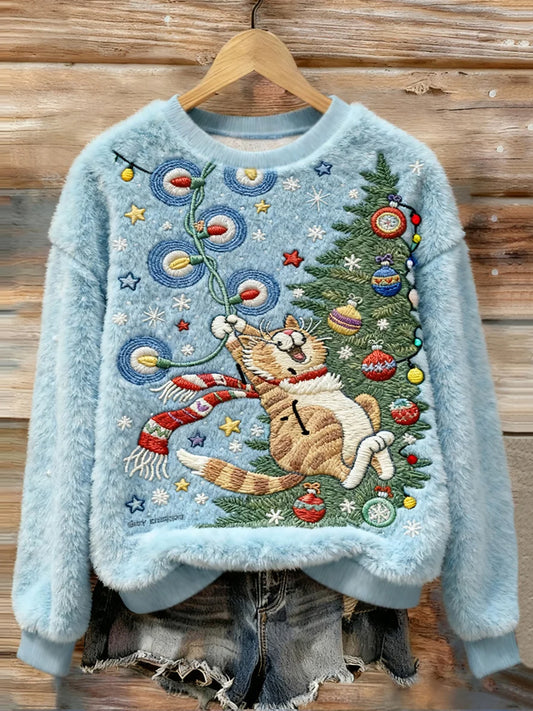 Women's Christmas Funny Cute Cat Print Casual Plush Sweatshirt