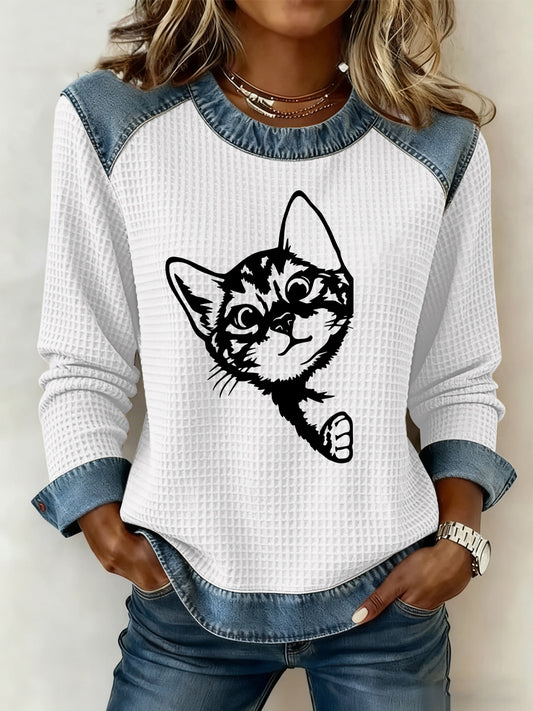 Women's Cute Cat Print Waffle Sweatshirt